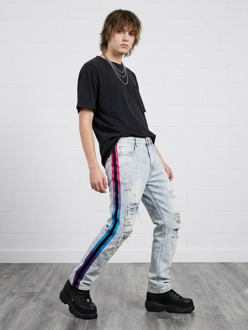 ZCL Denim Light Wash Heavily Distressed Jeans Size 34 Neon Ombre Side Stripe